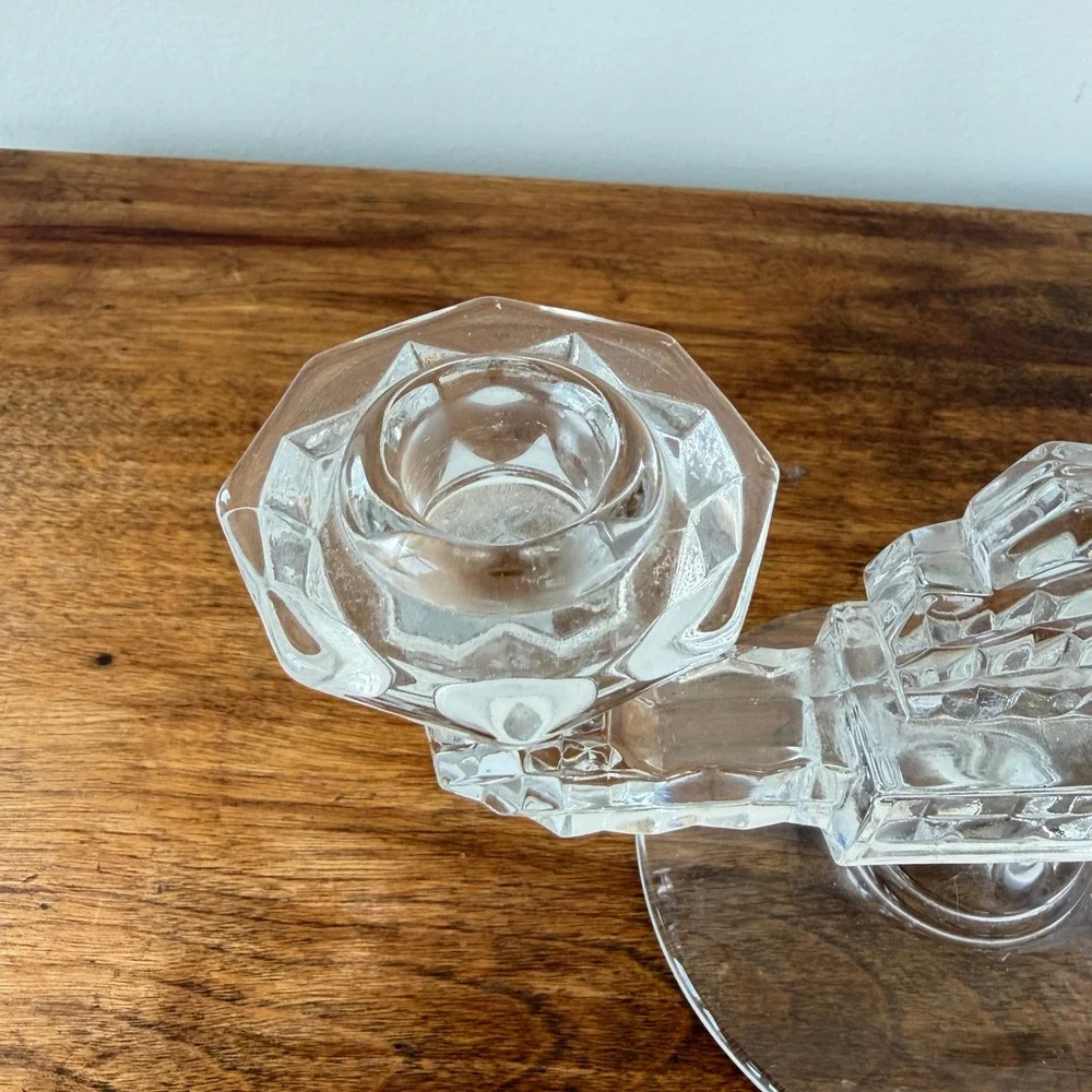 Vintage Double Arm Glass Candelabra Honeycomb Geometric Clear Candle Holder